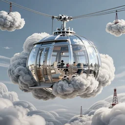 an inflated stainless steel chrome gondola in the clouds, people are hanging by steel cables. Oil rigs in the sky. Intricate technical drawing. Mammatus clouds. Ornate, brilliant, utopian, detailed, Golden ratio, solarpunk technology by Jim Burns and Craig Mullins