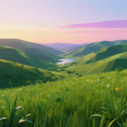 low poly, surrealist lights, psychedelic sound, grassy hills background, valley with a lake, break of dawn.