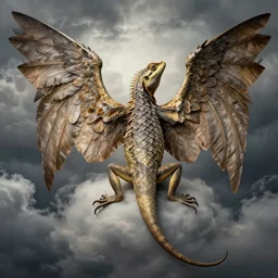 lizard portrait, full body, hudson river school, large wings, creature storm clouds, feathers, d & d, fantasy, greg rutkowski, alphonse mucha, high quality, realistic, elegant