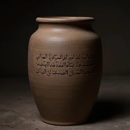 a photo of a cylindrical clay jar with two sentences of thamudic, dark, brooding, atmospheric, volume lighting
