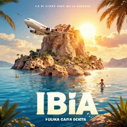 a poster for a holiday in ibiza, where the island is flooded due to global warming, dystopian, a plane with happy people is visible, the sun is burning