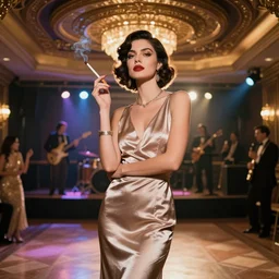 new year's party celebration with elegant flapper girl wearing silky elegant dress with short hair and smoking a long cigarette surrounded by amazing ambient and 3 d layered ceiling with a musical band and dance floors