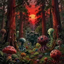 landscape painting of  beautiful redwood forest overrun with strange alien plants and cancerous tumor pufball mushrooms with an ominous red sunset, by Beksinski and Thomas Kinkade and Ansel Adams and Greg Rutkowski and Moebius