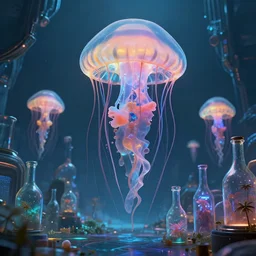 by par olofsson and tristan eaton, visually stunning, cinematic, ultra realistic, hyper realism, 1 2 k, epic, octane render, unreal engine, vfx, maya, what happens when we allow a computer to dream? : one of them dreams got loose again, polymorph : jellyfish, color cycling : magnificent bottles, amazing sci - fi city : the power of dreams
