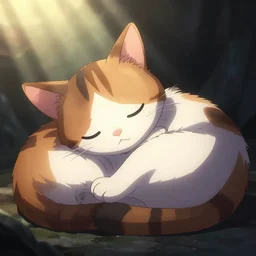 anime key visual from Made in abyss, a close-up shot of SLEEPING CALICO CAT, beautiful lighting, god rays, stunning anime art