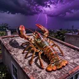 “nostalgic dreamlike aerial photo of a giant lobster on a rooftop with a purple storm raging in the background”
