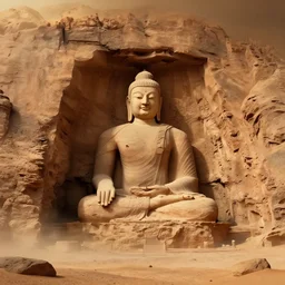 giant Buddha carved into Martian cliffside, on Mars, wide shot, cinematic, epic, mountain range, volumetric, detailed, concept artwork by Thomas Cole and Tim Hildebrandt