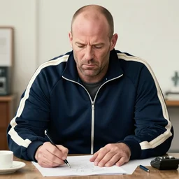 overweight jason statham in a track suit, judgmental, drawing