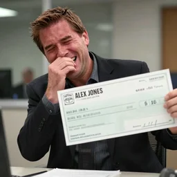 alex jones sobbing while holding a giant cheque, hidden camera, photorealistic, 8k