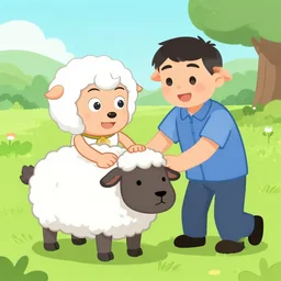 a sheep giving a massage to a shepherd, cartoon