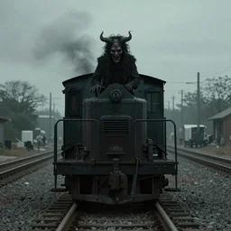 the disembodied spirit of a dangerous railroad demon, Boxcar on the railroad, atmospheric and depressed, Cinematic, film still from a horror movie