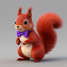 concept art for a video game character that is a red fluffy squirrel. it has a purple bow tie