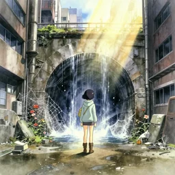 anime movie scene, mamoru oshii, otomo, ultra wide, vanishing point, hoody woman explorer, watercolor, spiderwebs, flowers, dripping, sewer exit, train tunnel, waterfall, sun beam, dusty volumetric light, back lit, paper texture, puddles, deserted shinjuku junk, brutalist, golden ratio