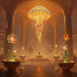 dramatic perspective a minimalist bioluminescent oil painting by donato giancola, chriss foss, warm coloured, cinematic scifi luxurious futuristic foggy steam filled spaceport with a giant jellyfish cyborg with microscopy stained glass flowers growing out of pretty bulbous ceramic fountains, gigantic pillars and flowers, maschinen krieger, beeple, the matrix, star wars, ilm, star citizen, mass effect, artstation, atmospheric perspective