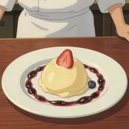 a delicious beautiful plate dish of food, amazing food illustration, chef table, in style of studio ghibli, anime