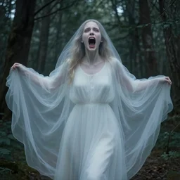 in the style of thomas kinkade, abigail larson, joshua middleton, transparent female ghost screaming, flowing dress, middle shot, symmetrical face, symmetrical eyes, in the woods, moody lighting, dark fantasy