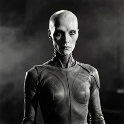 vintage black and white portrait of atomicpunk seven of nine borg, facing the camera, dark, cinematic, smokey lighting, dimly lit, highly detailed, black and white vintage photograph, character design