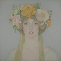 close - up of a beautiful flowery girl in a liminal room, film still by wes anderson, depicted by balthus, limited color palette, very intricate, art nouveau, highly detailed, lights by hopper, soft pastel colors, minimalist