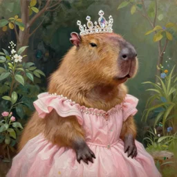 capybara wearing a light pink dress and a crystal crown in a beautiful garden, highly detailed oil painting, anatomically correct