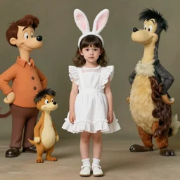 A cute young girl with white ruffled dress and bunny ears standing straight by Claire Keane, Marc Davis, James Baxter and Mark Henn, hyperdetailed, photorealistic