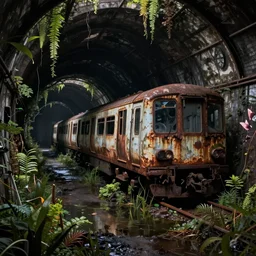 an abandoned rusted train, alone, in an empty dark flooded london underground tunnel, overgrown with aquatic plants, digital art, artstation