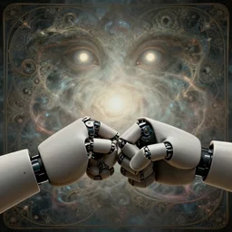 closeup robot fist bump, muted colors, benevolent, nebula background, glowing eyes, detailed realistic. fists bumping. art nouveau, visionary, baroque, giant fractal details. vertical symmetry by zdzisław beksinski, highly detailed, realistic