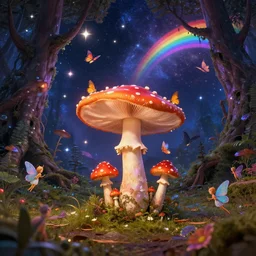 enchanted cosmic forest mushrooms on the ground small fairies stars in the sky butterflies rainbows psychedelic wide angle