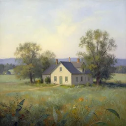 A serene landscape with a singular building in the style of Thomas Kinkade.