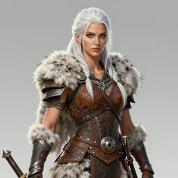 beautiful and athletic white haired female barbarian, gorgeous ayes, fur leather armor, character concept art, sharp focus, octane render, unreal engine 5, highly rendered, trending on artstation, detailed linework, illustration by artgerm, wlop, and chie yoshii