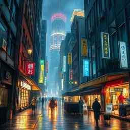 shopping street beneath cyberpunk city in a rainy night, wallpaper 3 d pixar disney digital cgi rtx hdr painting bioluminance alena aenami artworks in 4 kby jesper ejsing, feng zhu and loish beeple, by thomas kinkade