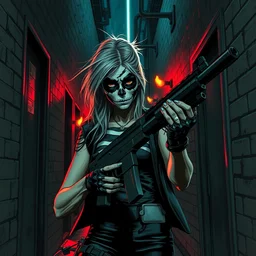 tom bagshaw, david baldeon, rafael albuquerque comic art : : samara weaving with skull face paint, holding a shotgun, in an action pose : : in an alleyway during the purge : : night time dark with neon colors, fires, horror : :