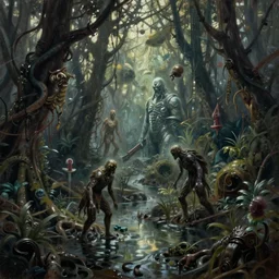 dark fantasy swamp, extremely detailed oil painting, unreal 5 render, rhads, Bruce Pennington, Studio Ghibli, tim hildebrandt, digital art, octane render, beautiful composition, trending on artstation, award-winning photograph, masterpiece