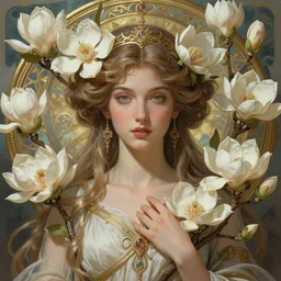 perfectly detailed goddess queen of magnolias!! blessed by nature with ever - increasing physical mental perfection, symmetrical! intricate, sensual features, highly detailed, biblical divine holy perfection!! digital painting, artstation, concept art, smooth, sharp focus, illustration, art by artgerm and greg rutkowski and alphonse mucha