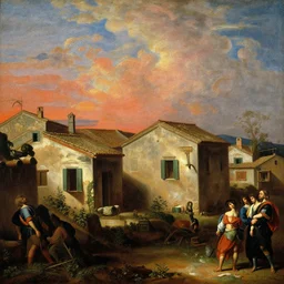 a painting of ancient roman village houses by canaletto and caravaggio and aaron horkey, dramatic lighting, analogous complementary colour scheme, vivid colours