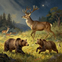 primordial nature beasts fat away running stars giant deer wilderness animals fields woodlands bears llustration sharp focus sunlit vista starlight painted ruan jia raymond swanland lawrence alma tadema zdzislaw beksinski norman rockwell tom lovell alex malveda greg staples