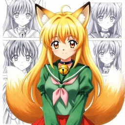 full headshot portrait of japanese anime highschool girl named kemomimi-chan with fox ears and tail, blond hair and fur, collar bell, amber green sailor uniform and red miniskirt , drawn by WLOP, by Avetetsuya Studios, attractive character, colored sketch anime manga panel, trending on artstation