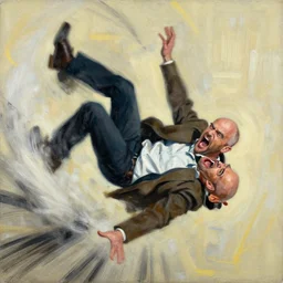 slipping, saul goodman, screaming, slipping and flying, falling, flailing painting by phil hale, fransico goya,'action lines '!!!, graphic style, visible brushstrokes, motion blur, blurry