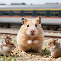 detailed photo of a hamster waiting for the train, various poses, full body, unedited, daylight, dof 8 k