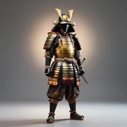 a studio photography of samourai wearing gold and black armor, wide angle, dramatic backlighting,