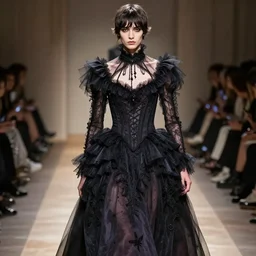 male fashion model wearing a gothic dress designed by alexander mcqueen, catwalk, soft ambient lighting, photorealism, unreal engine