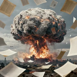 documents, papers and folders floating in the sky, a nuclear blast on the horizon, beksinski, dariusz zawadzki, very coherent symmetrical artwork. cinematic, hyper realism, high detail, octane render, 8 k