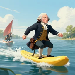 George Washington Crossing the Delaware riding on a pool noodle, digital art, 8k, UHD
