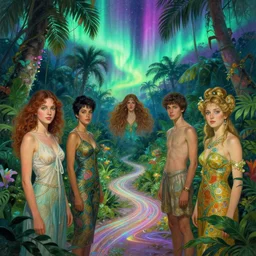 portrait of a sparkling tropical grove with neon auroras, path traced, environment, highly detailed, high quality, digital painting, alena aenami, lilia alvarado, shinji aramaki, karol bak, alphonse mucha, tom bagshaw