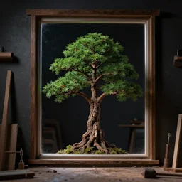 bonzai tree at the window in a dark carpentry room, nighttime, close up, studio lighting, dark backdrop, 3 3 mm