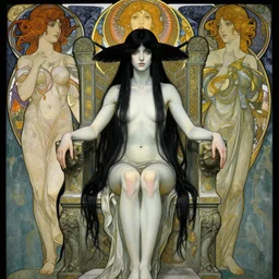 highly detailed portrait of a beautiful girl, endless black hair, with pale skin, fibonacci, fragile, sitted on an intricate stone throne by 3 d, alphonse mucha, ayami kojima, gustav dore, zdzisław beksinski, yoshitaka amano, charlie bowater, karol bak, greg hildebrandt, jean delville, and mark brooks, 4 k resolution