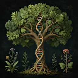 beautiful whimsical fantasy botanical illustration of human dna turned into tree of life, enchanted botany, dark background, by marianne north, medieval herbal, by android jones, digital matte painting