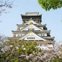 a towering japanese castle, lush foliage, sakura by Frank Lloyd Wright