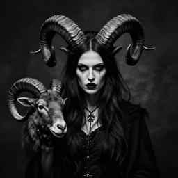 dramatic portrait of a scandinavian undead witch female with animal horns ram, satanic kvlt by peder balke by peder balke by greg rutkowski, by guido crepax by norman bluhm mystic high contrast monochromatic noir angst pagan magic