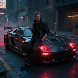 Bladerunner2049 street racing man leaning cool pose on his black sports car red emissives volumetric lighting Cyberpunk RTX ray marching street