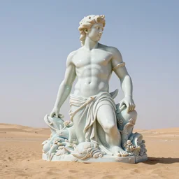 a massive statue of neptune made out of porcelain on a desert beach, pastel colors, 8 k hd, very detailed, studio lightning, high quality